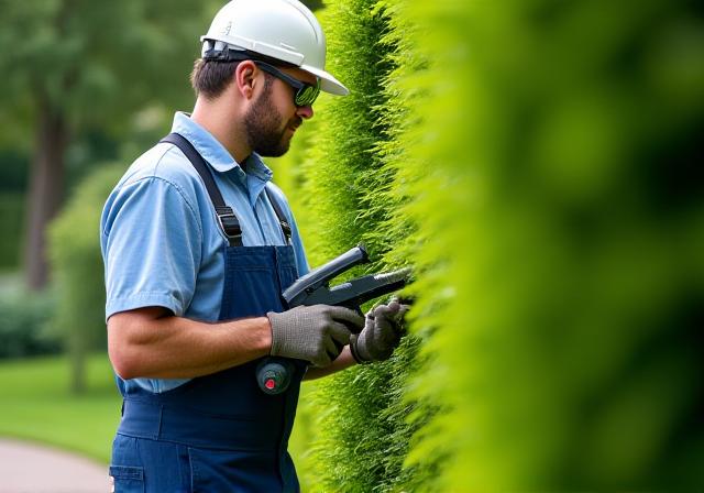 Greenfield Landscaping team member meticulously trimming a hedge in a lush garden, showcasing precision and care.